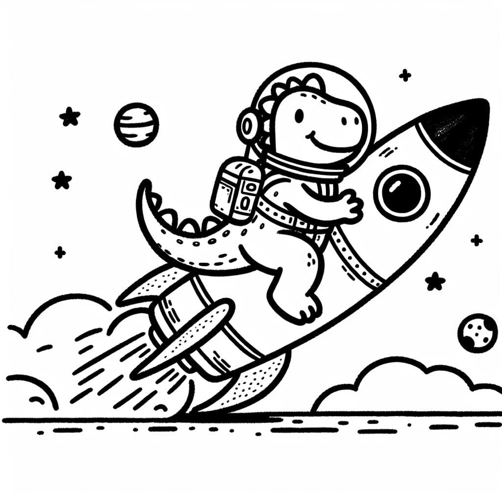 Ein Dino als Astronaut auf einer Rakete im All