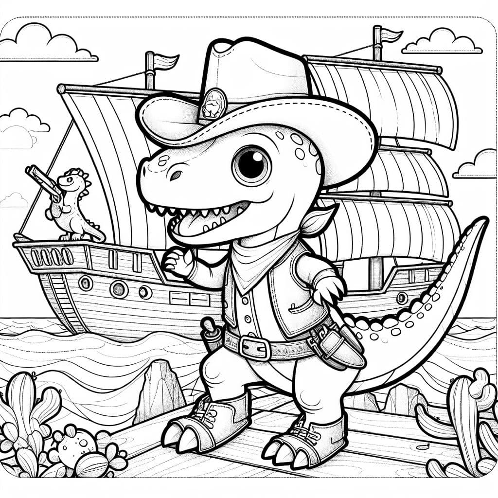 Ein Dino in einem Cowboy Anzug auf einem Schiff