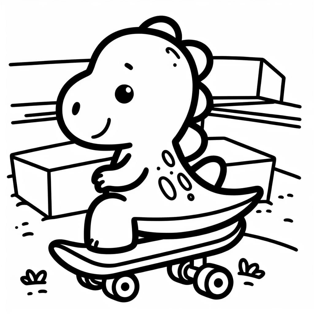 Ein Dino auf einem Skateboard in einem Skatepark