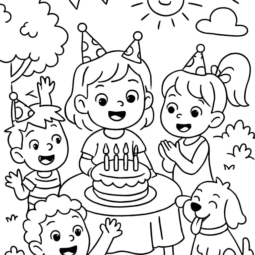 El cuarto cumpleaños de Emilia en el jardín con amigos.