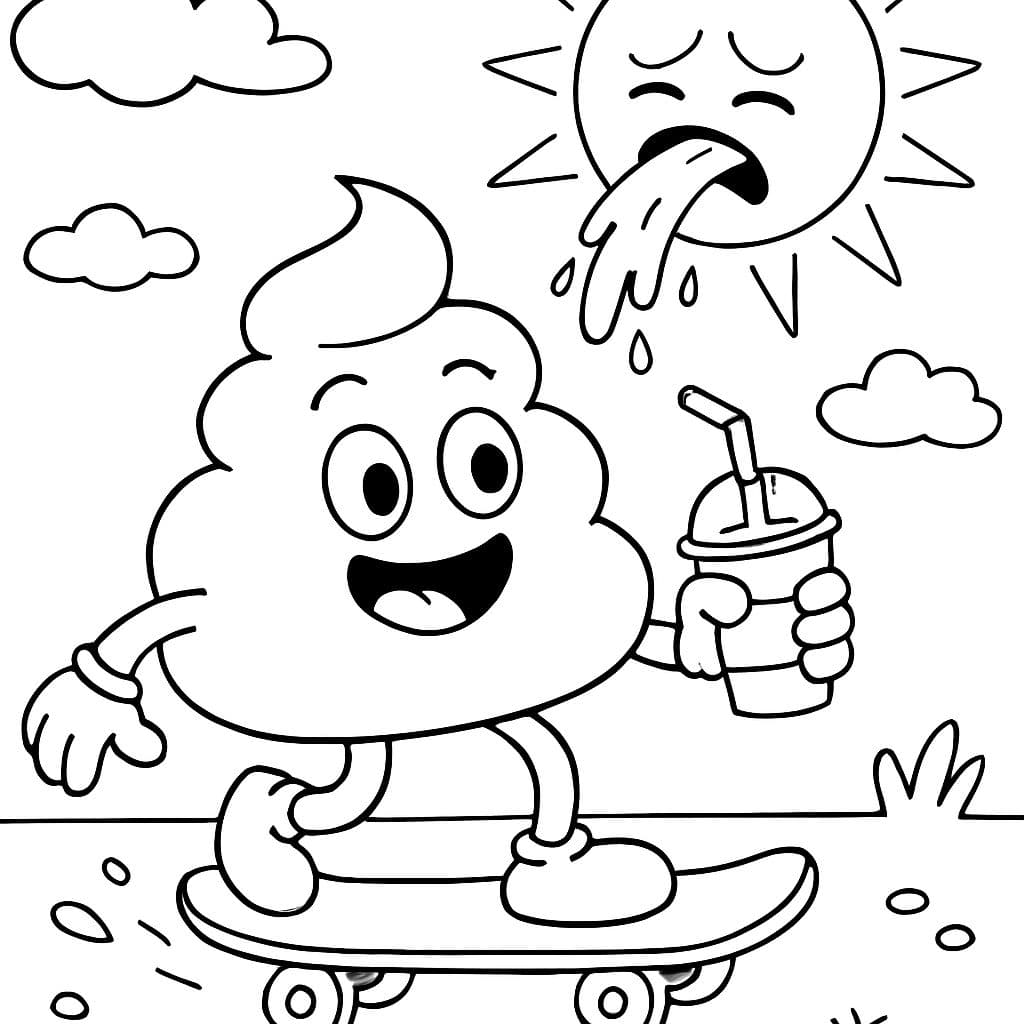 une saucisse pipi caca sur un skateboard avec un milkshake à la main. il y a aussi un soleil qui vomit.