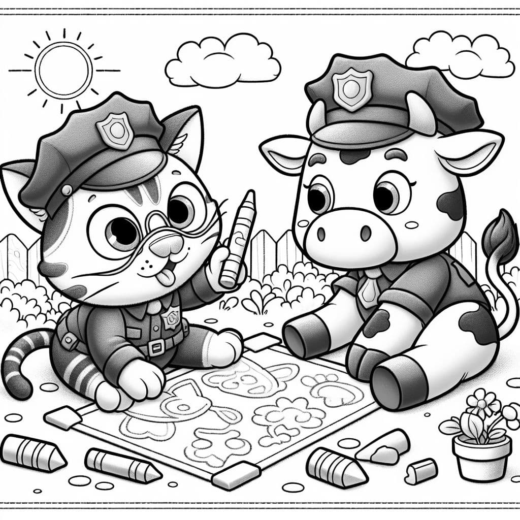 cat and cow in cop uniform drawing with chalk