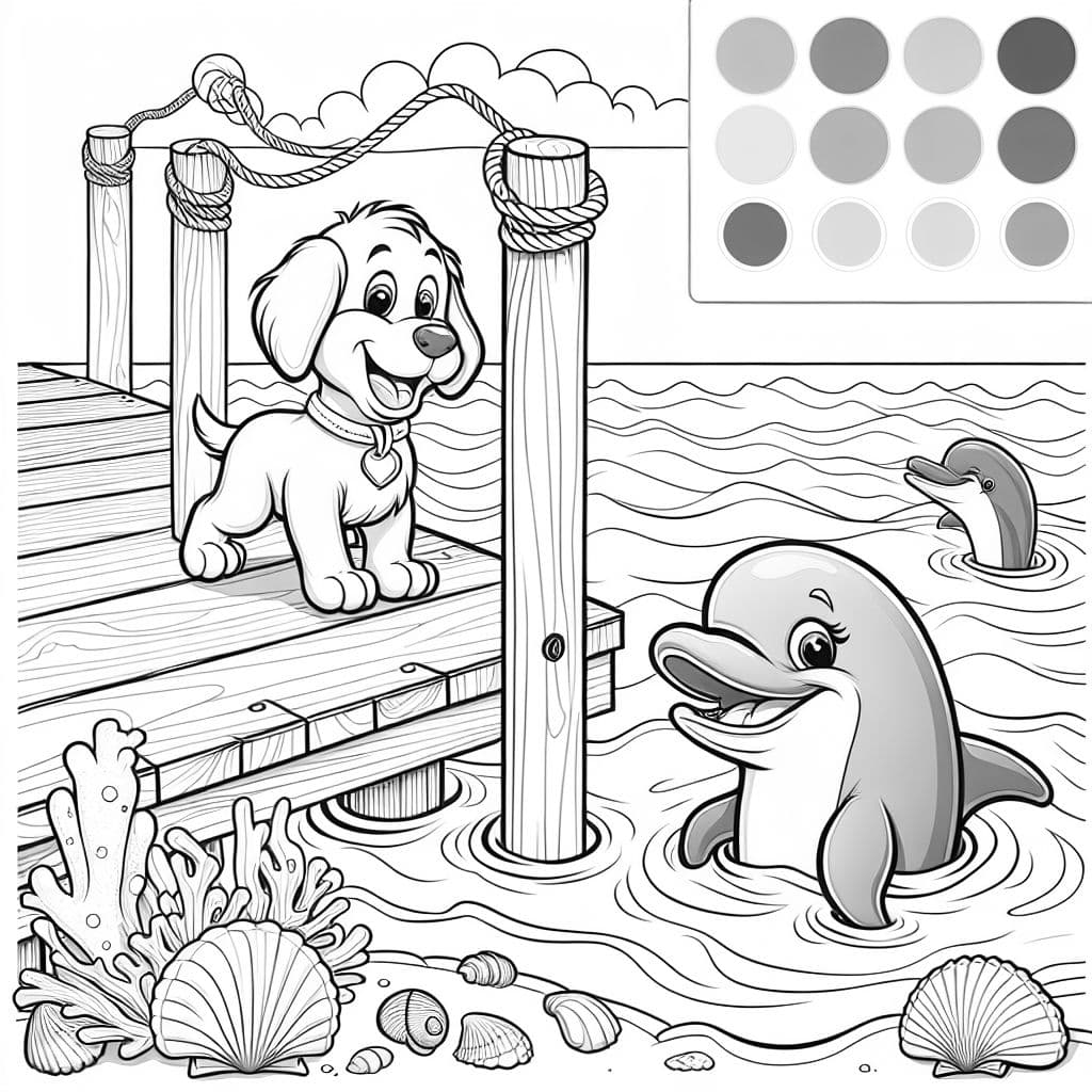 a dog on a dock talking with a dolphin in the water