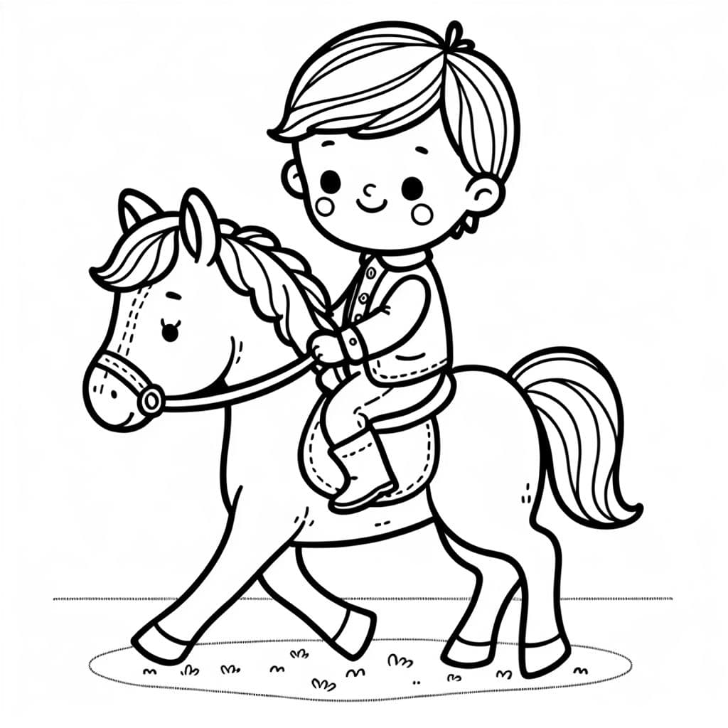 Einen kleinen Jungen der auf einem Pferd reitet