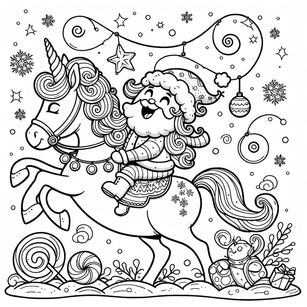 Einen Weihnachtsmann der auf einem Einhorn reitet