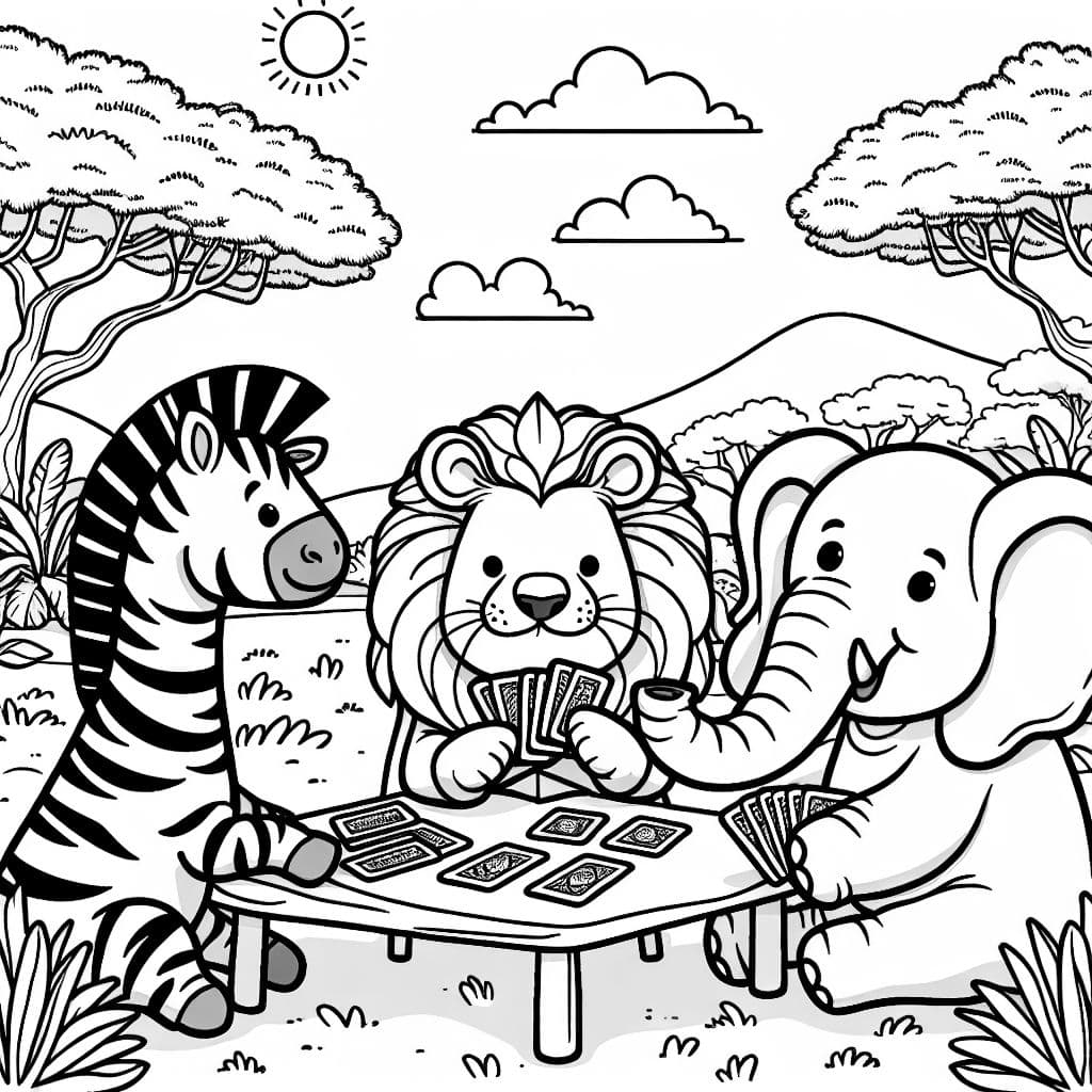 A zebra, a lion, and an elephant playing cards