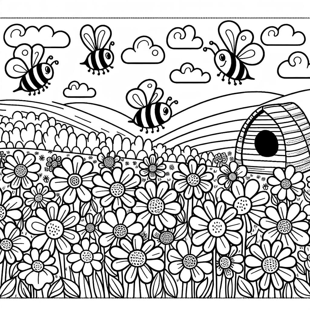 Bees flying back to the beehive in a field of flowers