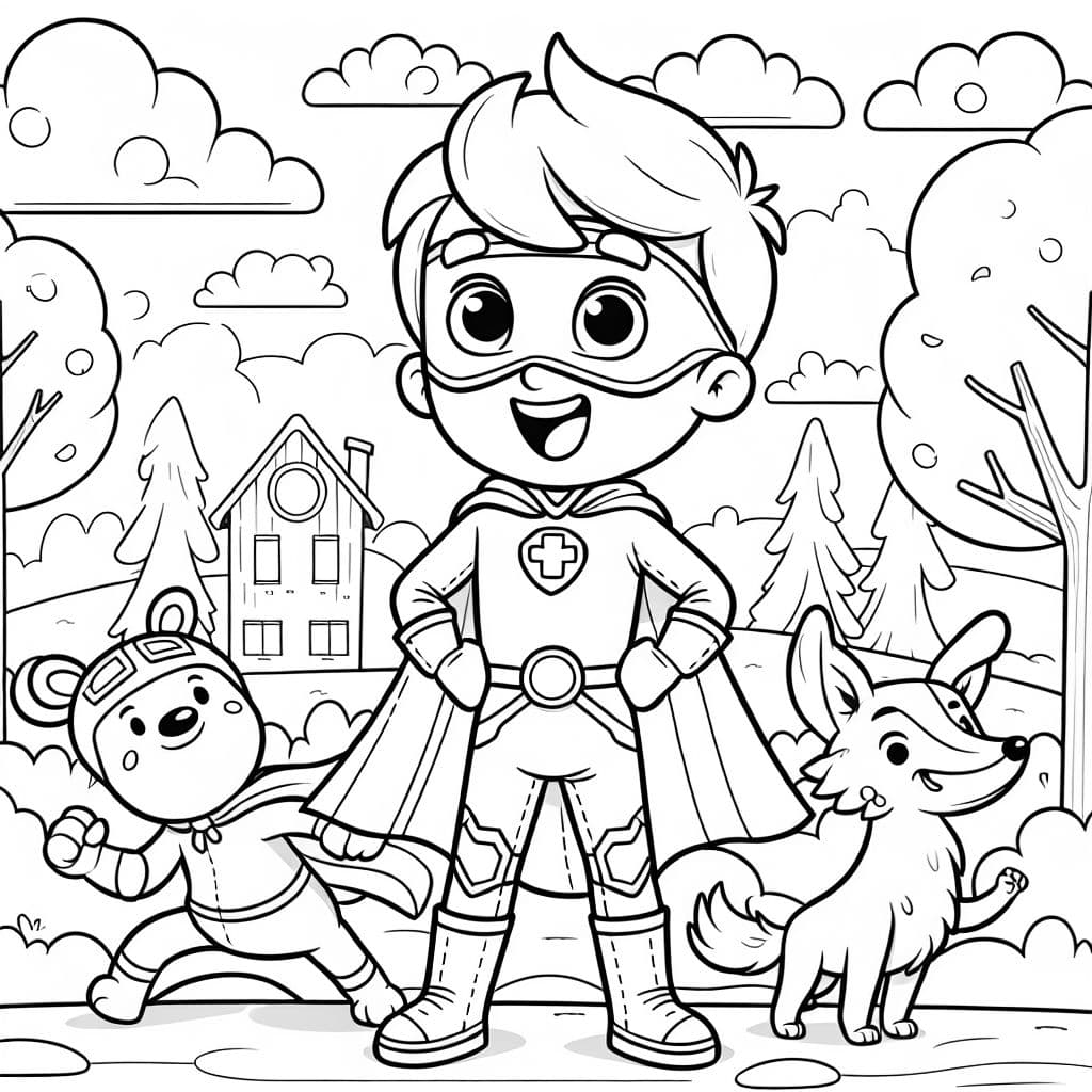 brace super hero blonde boy and side kick animal friends