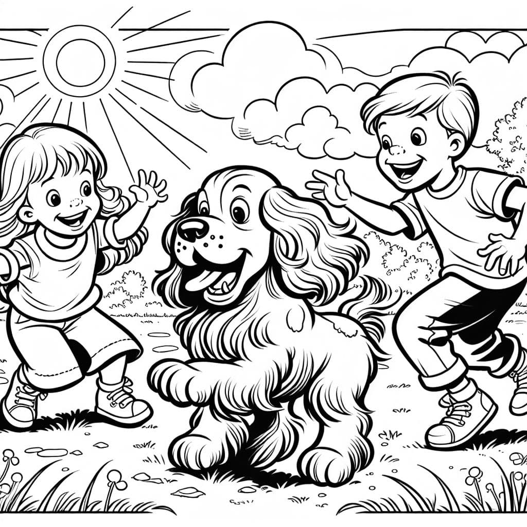 happy cockerspaniel dog playing with a blonde boy and girl
