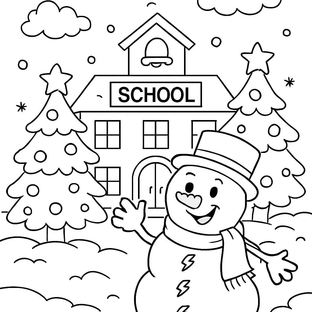 bâtiment scolaire avec des sapins de Noël et un bonhomme de neige avec des boutons en forme d'éclair.
