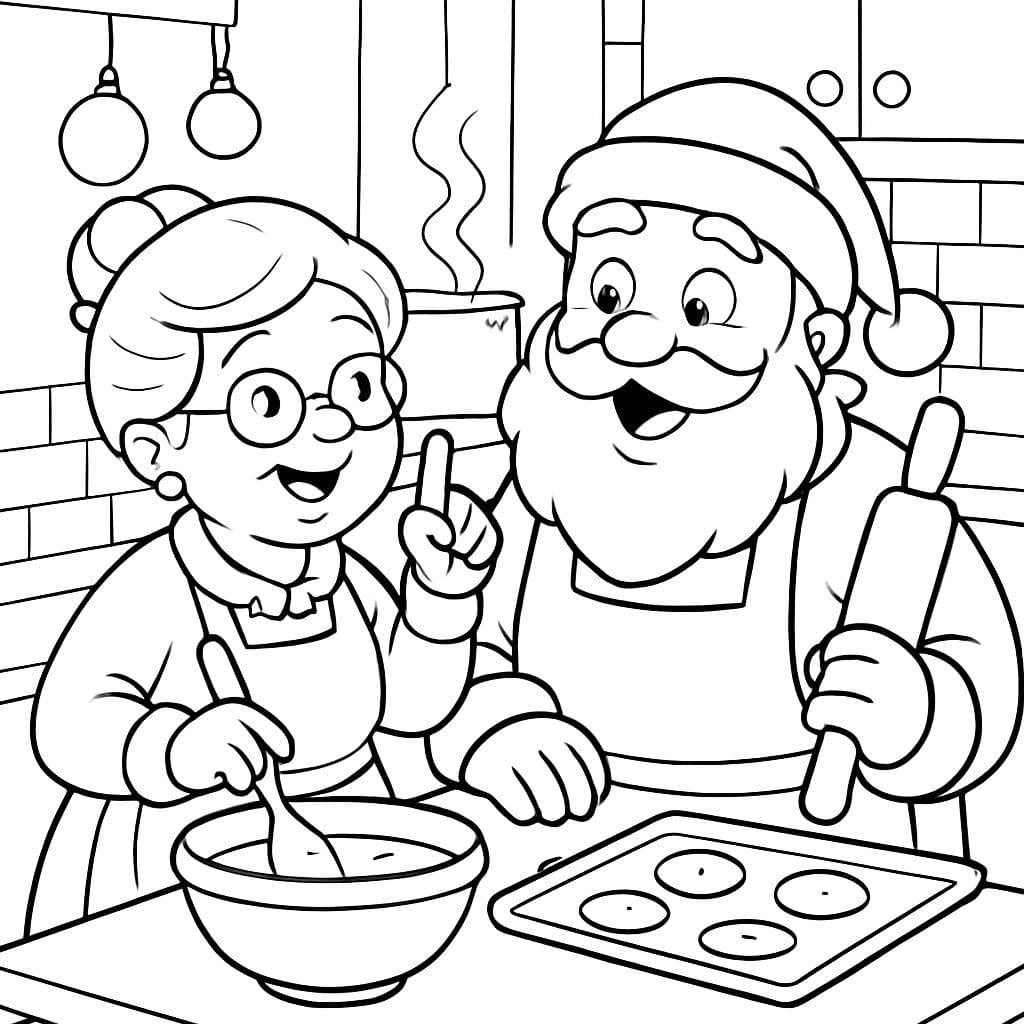 La señora Claus dando lecciones de cocina a Santa.