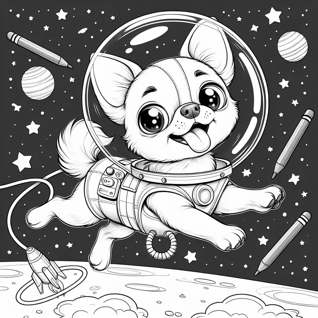 Chihuahua astronaut floating in space with a space helmet.
