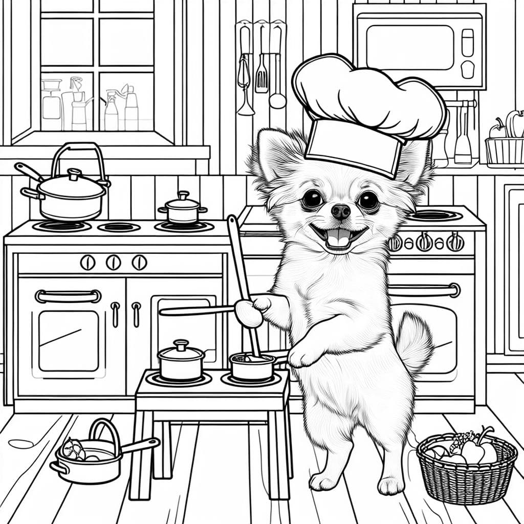 Chihuahua chef standing on its hind legs, “cooking” in a mini kitchen.