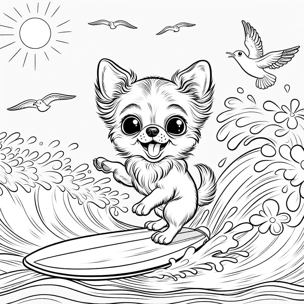 Chihuahua surfer riding a wave on a mini surfboard.