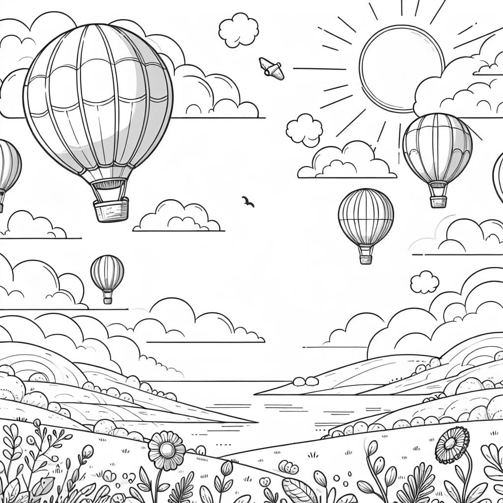 Hot air balloons floating gracefully over a scenic landscape.