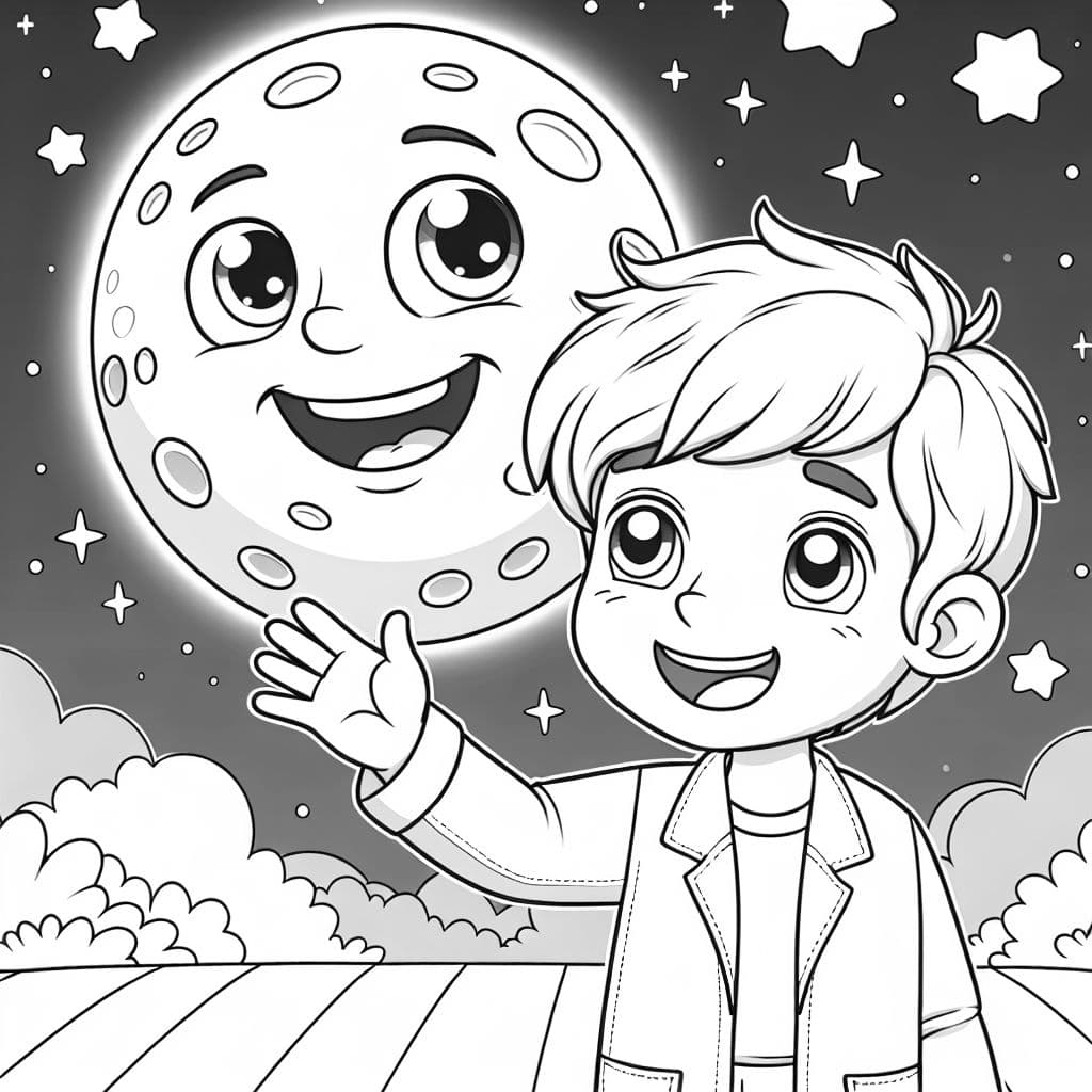 Little white boy waving to a smiling full moon