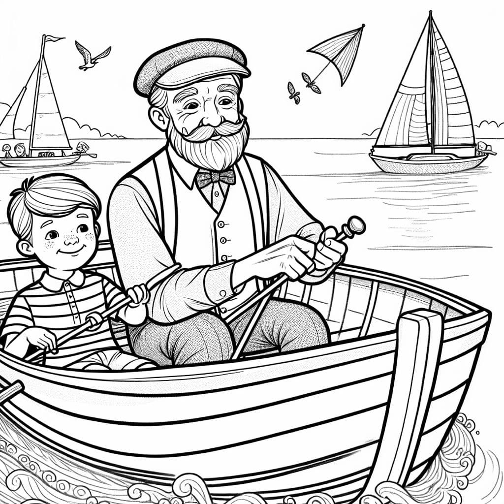 Little white boy in a boat with his white grandfather who has a beard and wears glasses