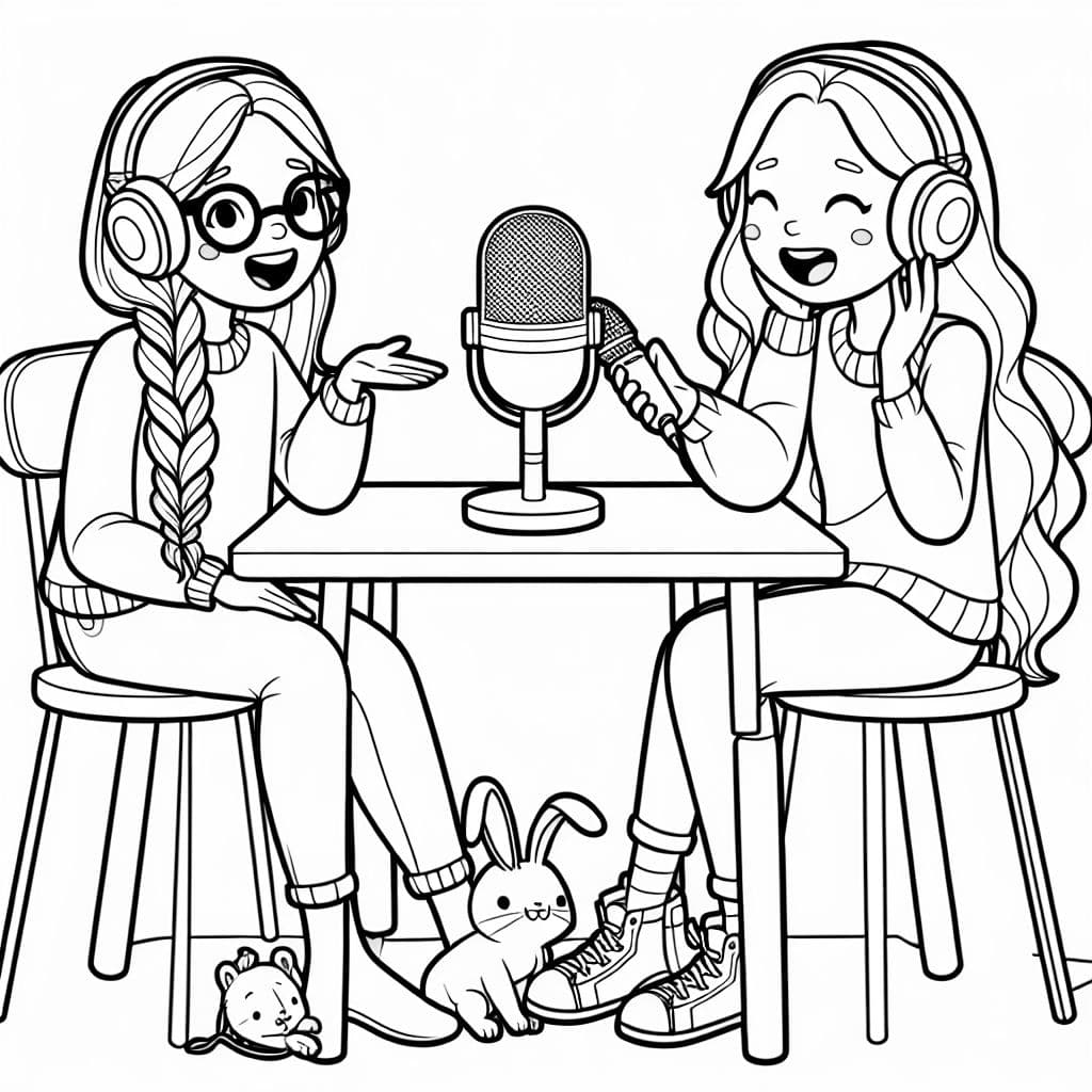 Dos mejores amigos, uno con una trenza y otro con pelo largo rubio y gafas grabando un podcast. Un conejo y un perro a sus pies.