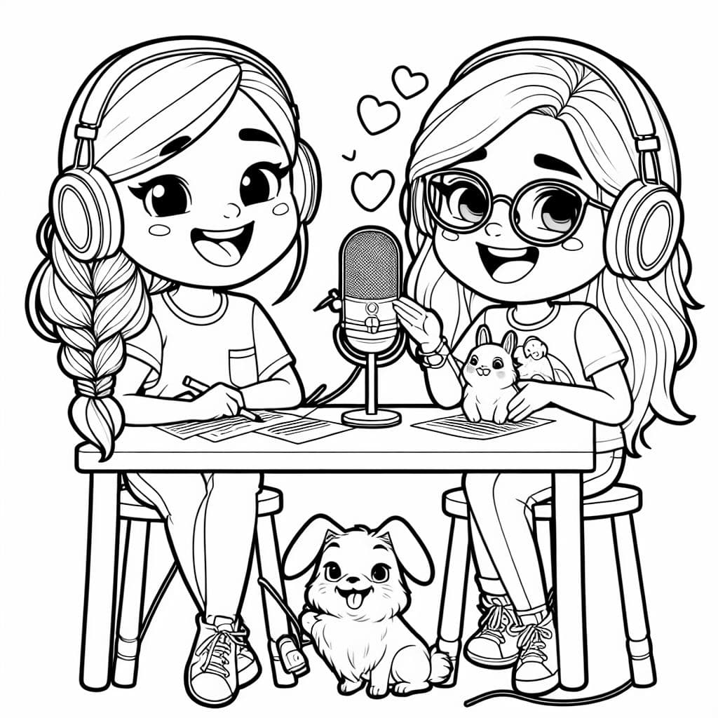 Deux meilleurs amis, l'un avec une tresse et l'autre avec de longs cheveux blonds et des lunettes, enregistrant un podcast. Ils sont assis avec un lapin et un chien.