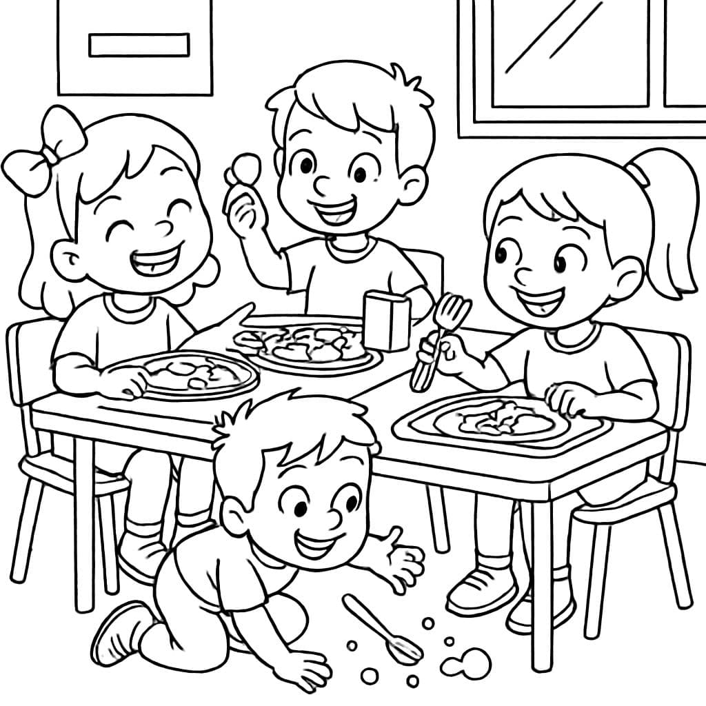 Niños de comedor escolar sentados y tirando comida debajo de la mesa.