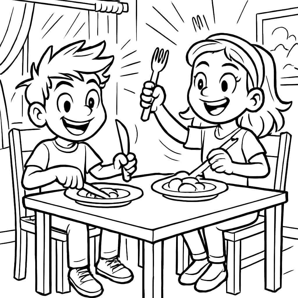 Crianças no refeitório usando talheres corretamente e sentadas corretamente à mesa.