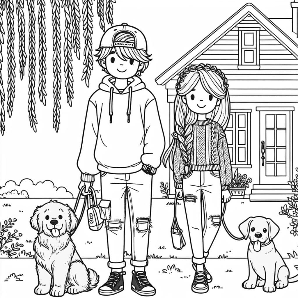 Un hombre con cabello marrón esponjoso y una gorra snapback, vistiendo una sudadera y jeans. Una mujer con cabello largo castaño rojizo con una trenza de lado, vistiendo un suéter y jeans con sandalias. Con un gran golden retriever y un cachorro cane corso. De pie afuera bajo un sauce llorón, frente a una casa.