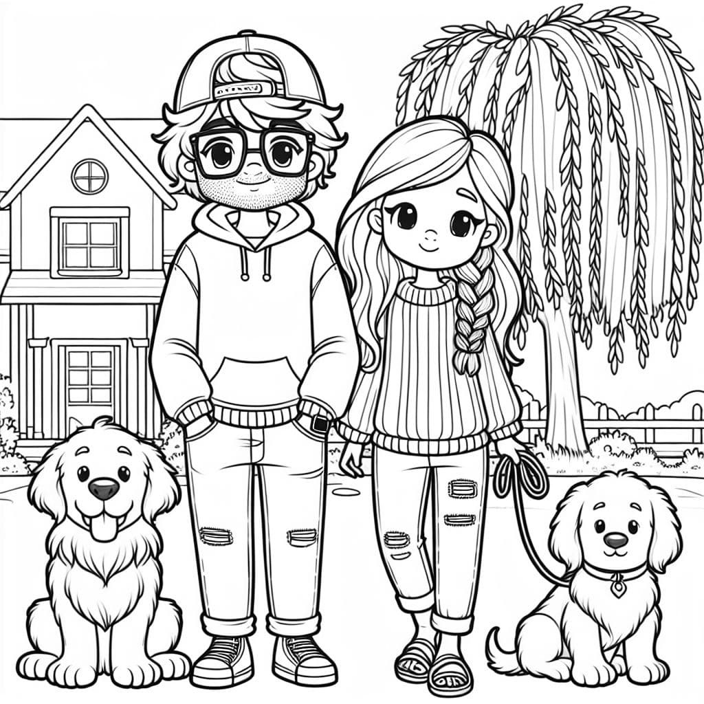 Un hombre con cabello marrón esponjoso y una gorra en la cabeza, con gafas cuadradas, vestido con sudadera y jeans. Una mujer con largo cabello rojo y marrón trenzado a un lado, usando un suéter y jeans con sandalias en los pies. Con un gran golden retriever y un cachorro cane corso. De pie afuera bajo un sauce llorón frente a una casa.