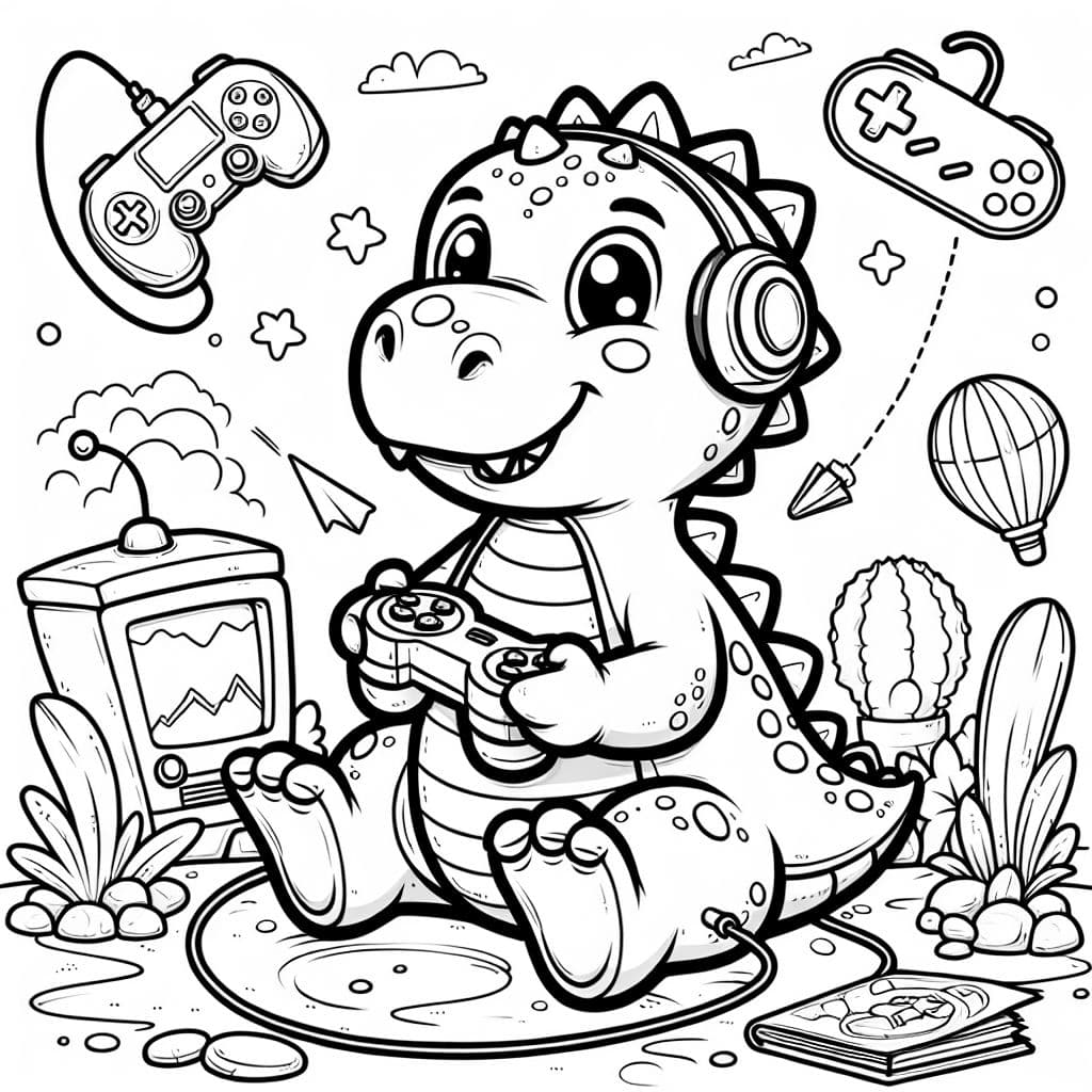 ein Dinosaurier der Videospiele spielt mit Controller in der Hand