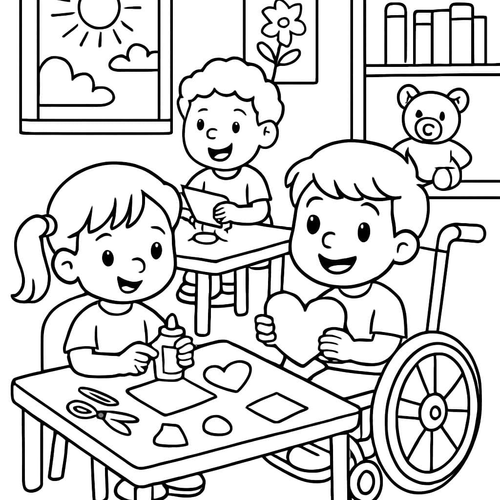 guardería con niños haciendo manualidades, un niño en silla de ruedas.