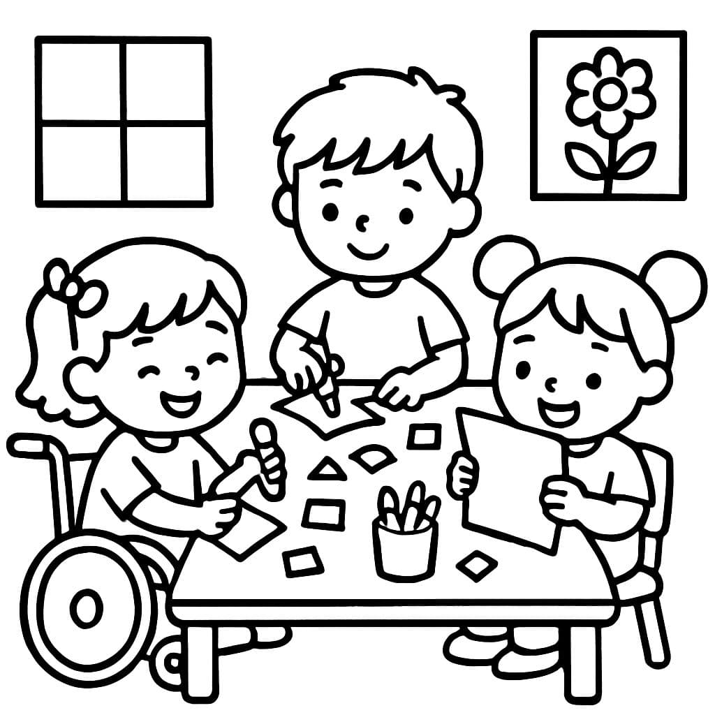 Niños adorables en la guardería haciendo manualidades juntos, un niño en silla de ruedas.