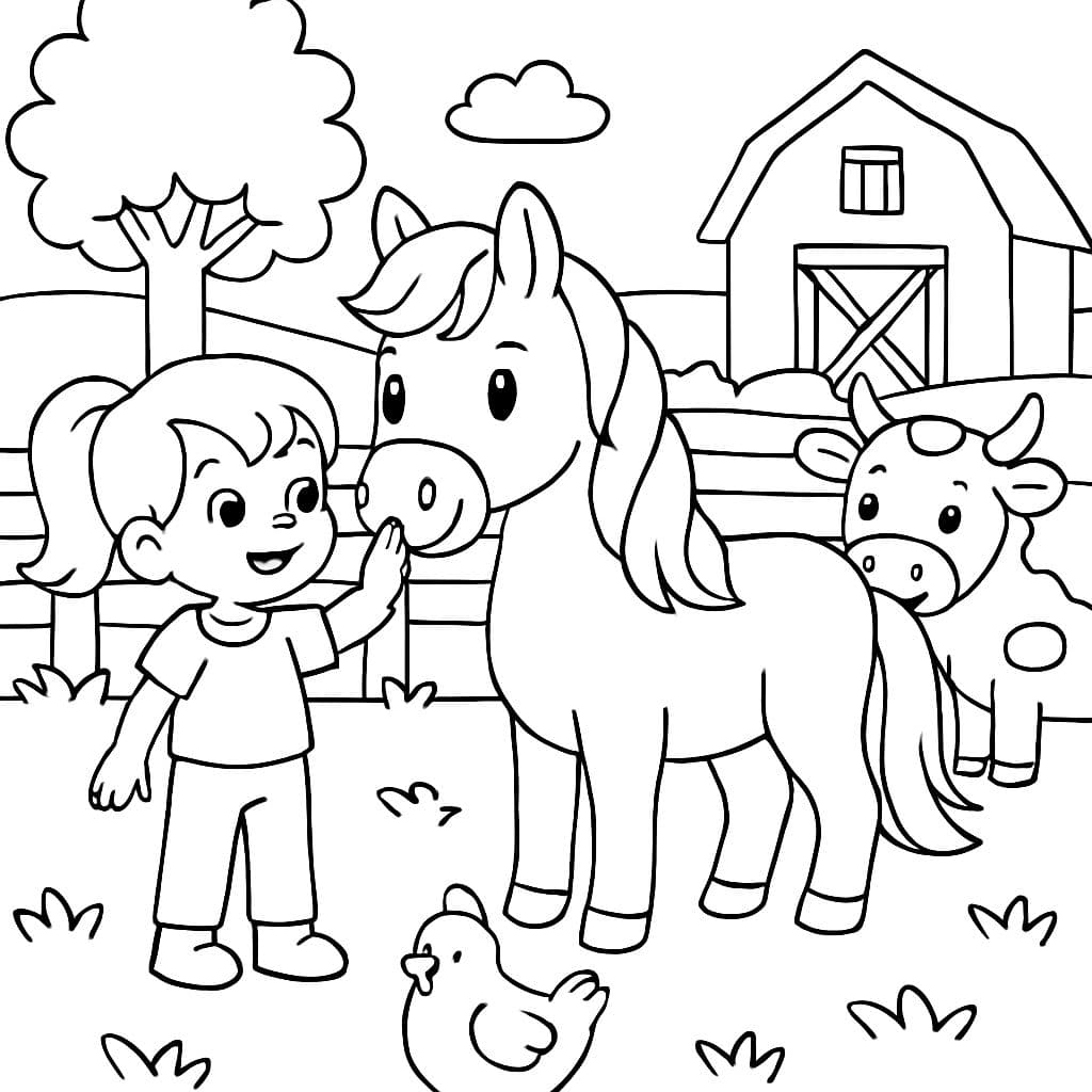 Une petite fille caressant un cheval à la ferme avec d'autres animaux.