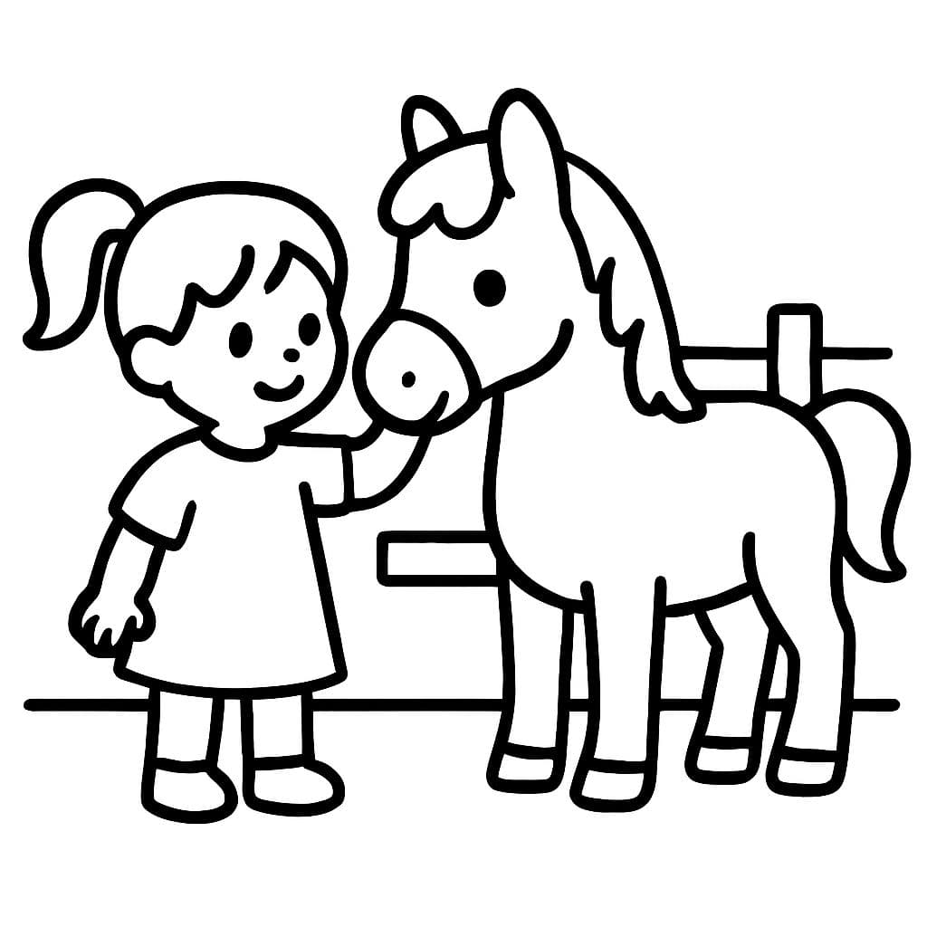 Kleines Mädchen streichelt ein Pferd auf einem Bauernhof