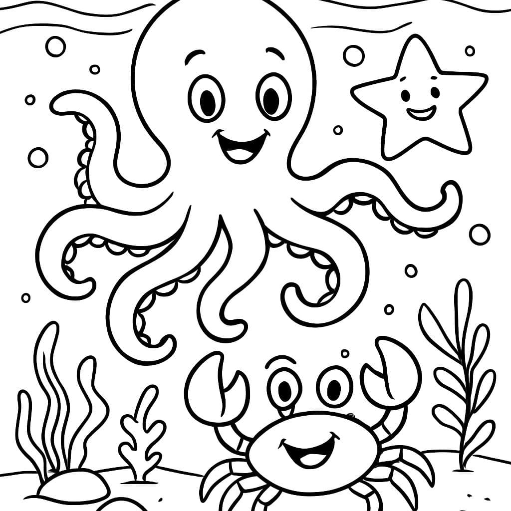 Pulpo y cangrejo y estrella de mar en el océano