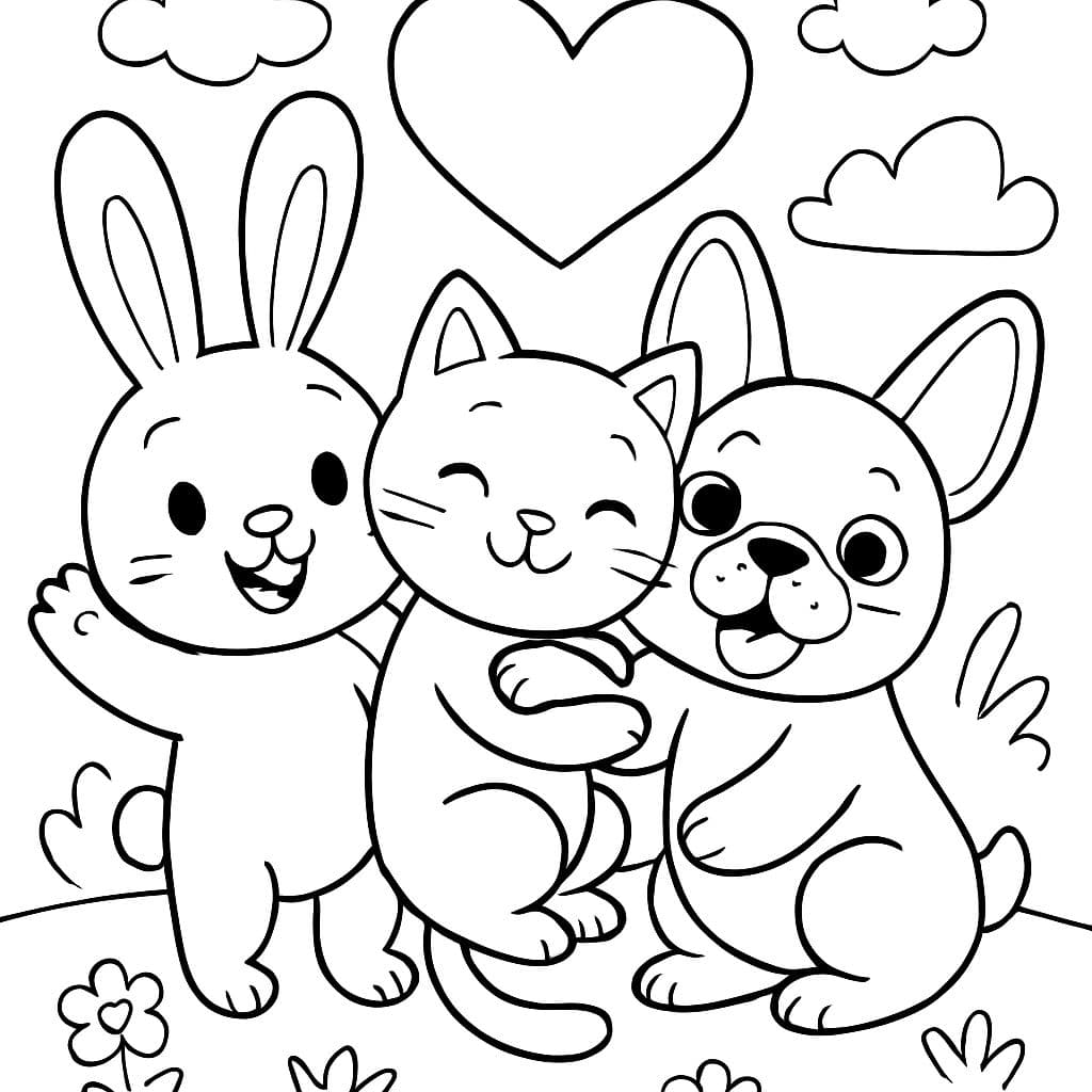 Un lapin, un chat et un bouledogue français avec un cœur.