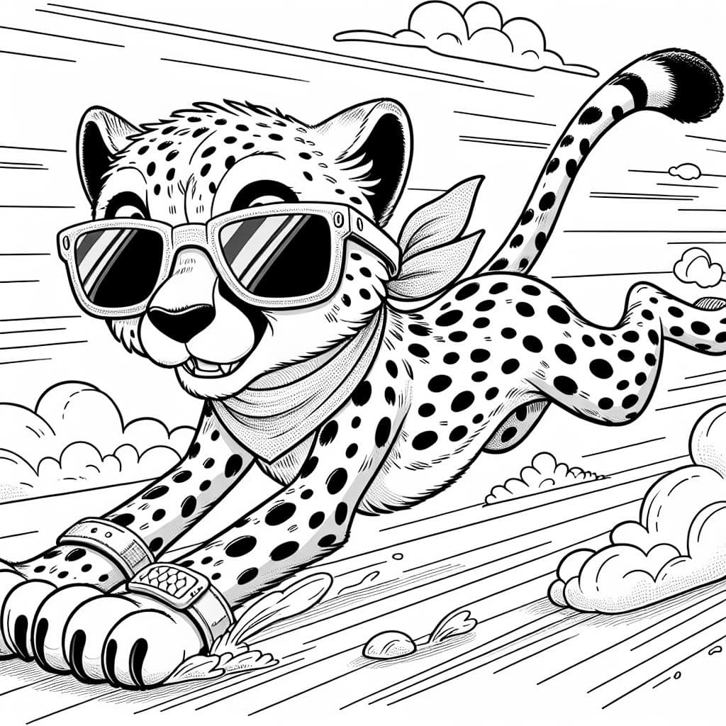 A cheetah wearing sunglasses running really fast