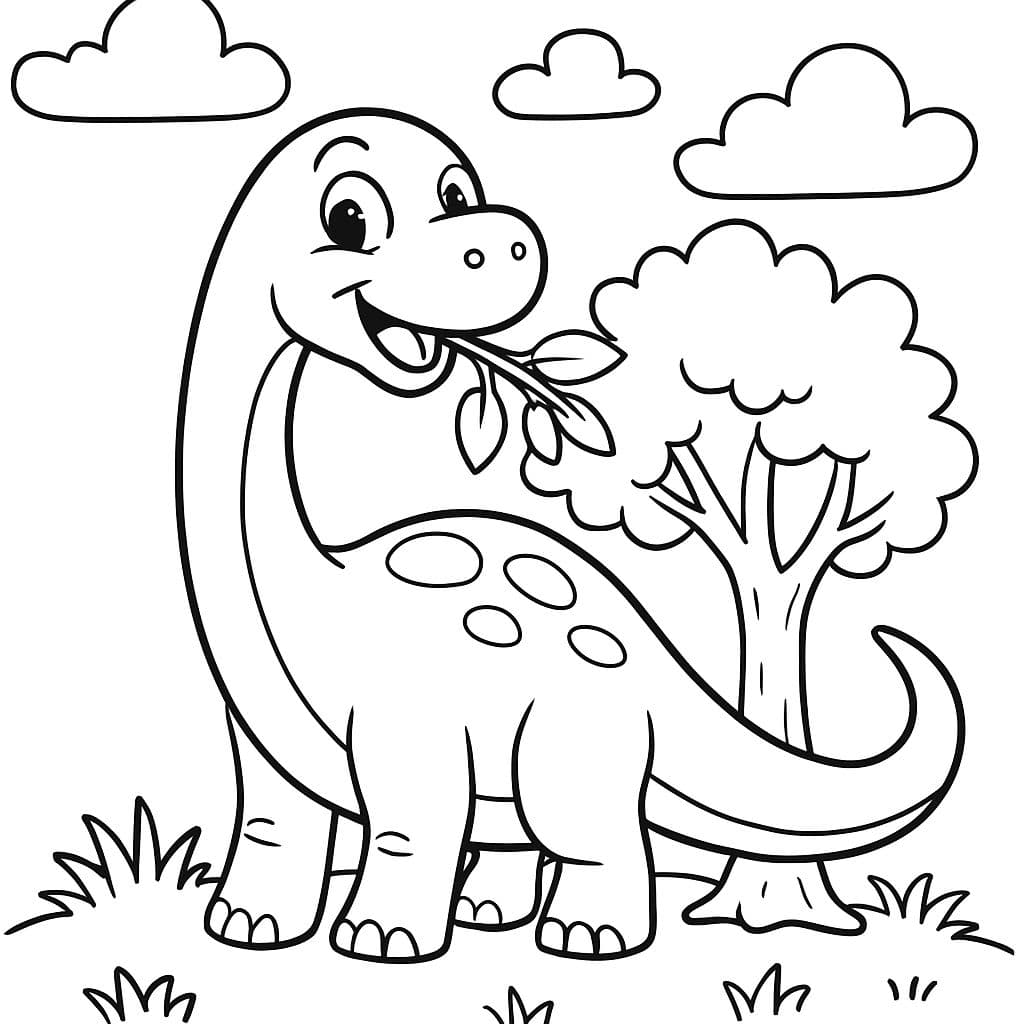 Brontosaurus comiendo un árbol con nubes y hierba