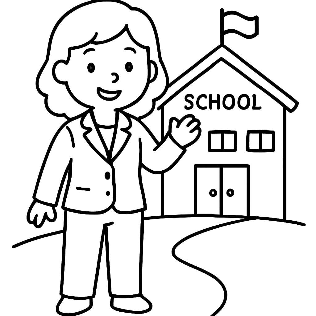 Una mujer en un traje de pantalón saludando frente a una escuela.