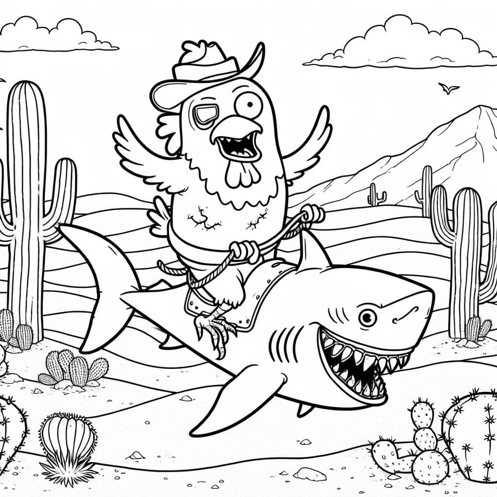 Pollo zombie montando un tiburón en el desierto.