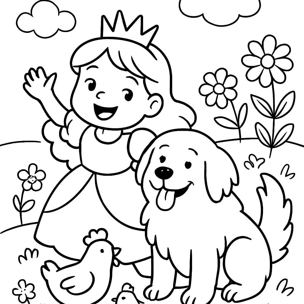 Prinzessin mit ihrem Pyrenäenhund, Hühnern und Blumen