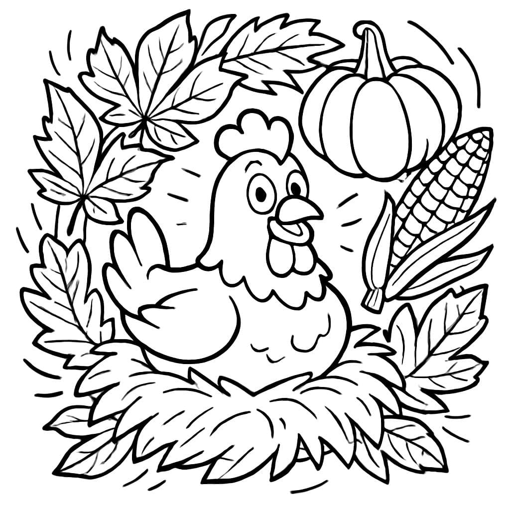 Un pollo está sentado en el nido rodeado de una corona con elementos de otoño como hojas de castaño, calabaza, mazorcas de maíz.