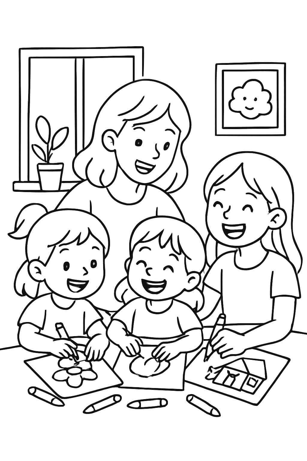 Tres hermanas de 3, 6 y 7 años, y su mamá, coloreando juntas.