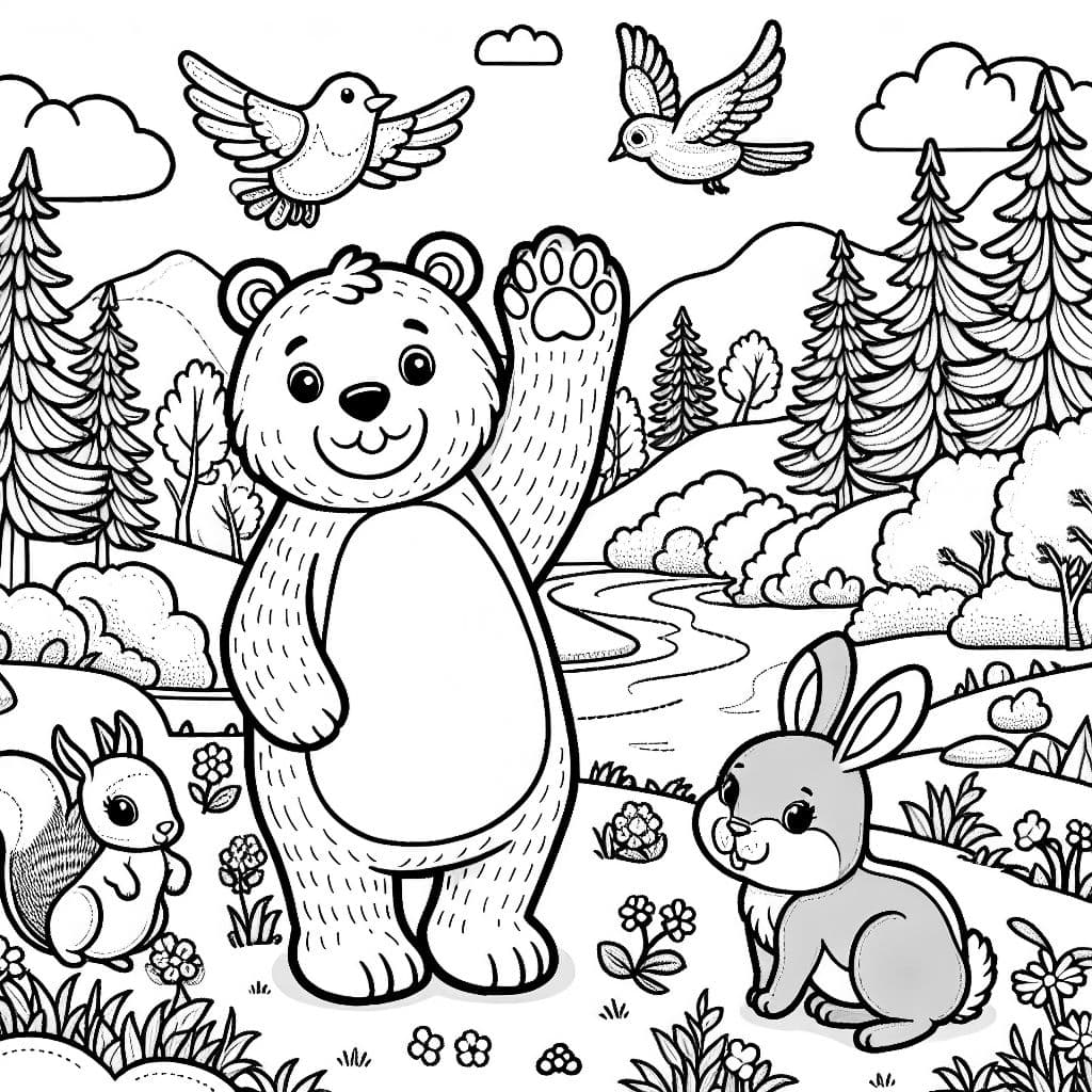 Un oso, un conejo y una ardilla están sentados en un bosque. El oso saluda amistosamente mientras el conejo salta alegremente en un prado. Los pájaros vuelan por encima, y en el fondo se ven árboles y un pequeño arroyo.