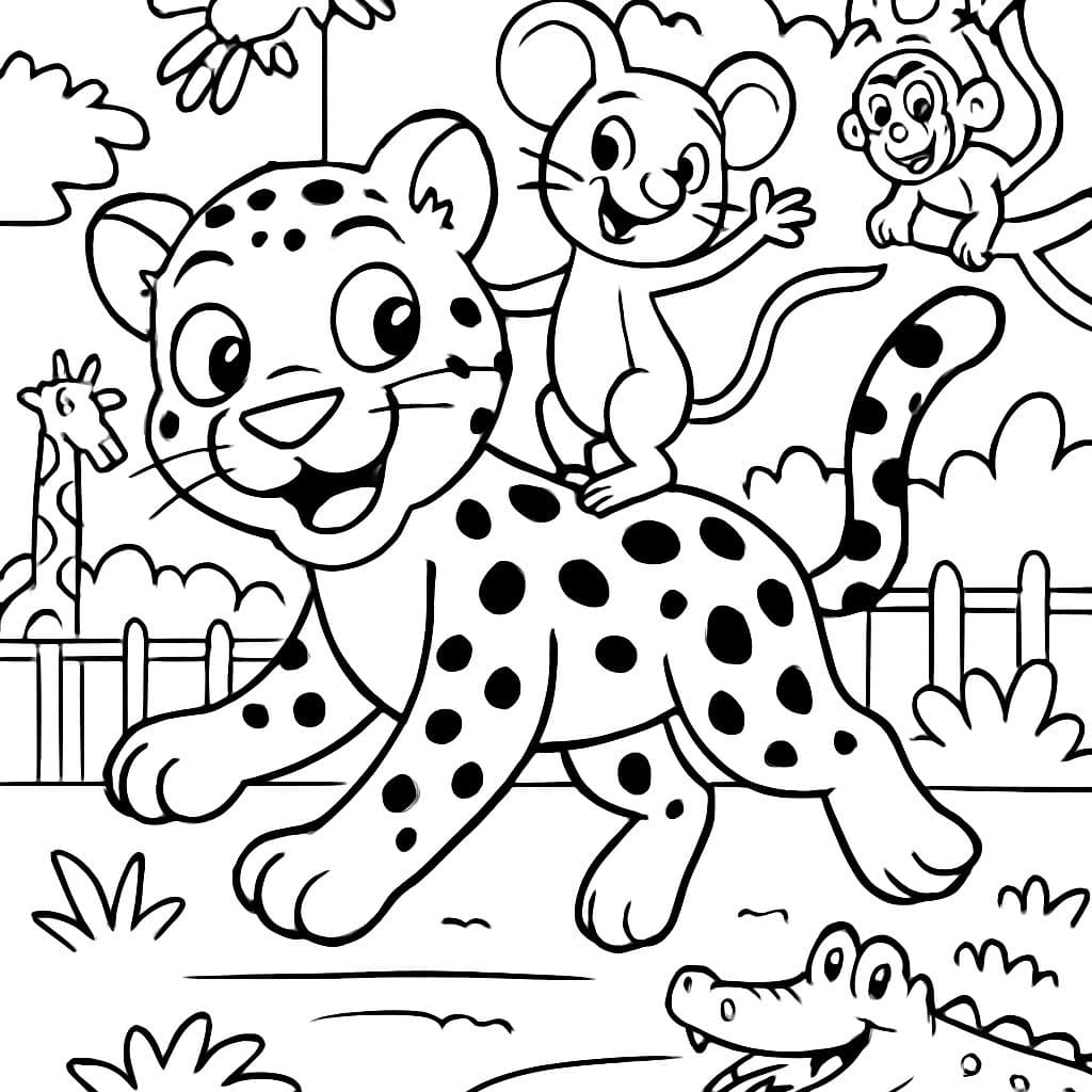Leopard und Maus als Freunde im Zoo mit vielen Tieren