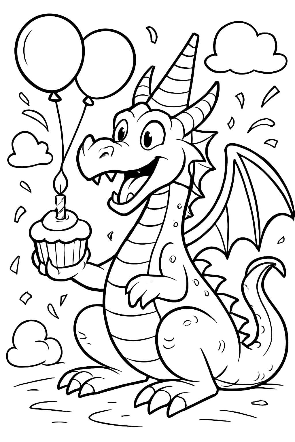 dragon d'anniversaire avec des ballons mangeant un cupcake