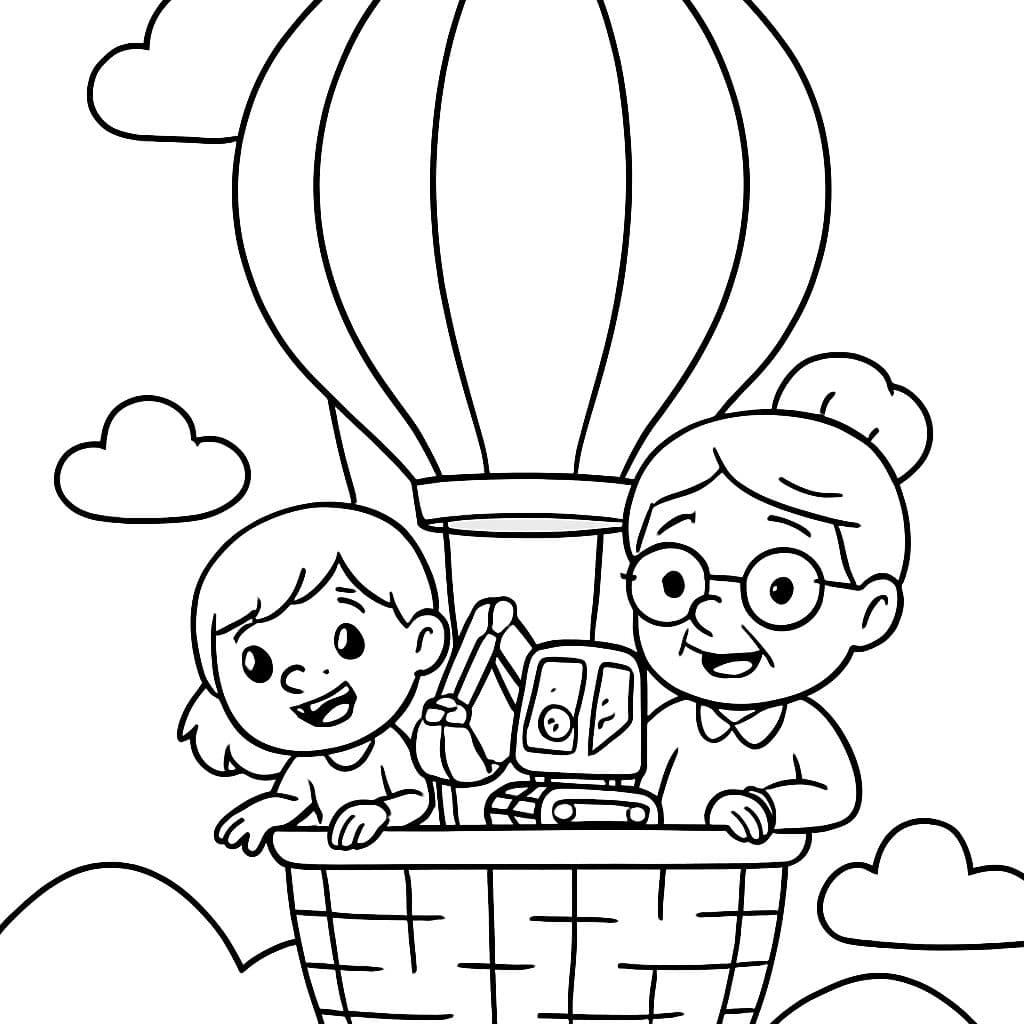 Una niña pequeña, su abuela y una excavadora pequeña viajando juntos en un globo aerostático.
