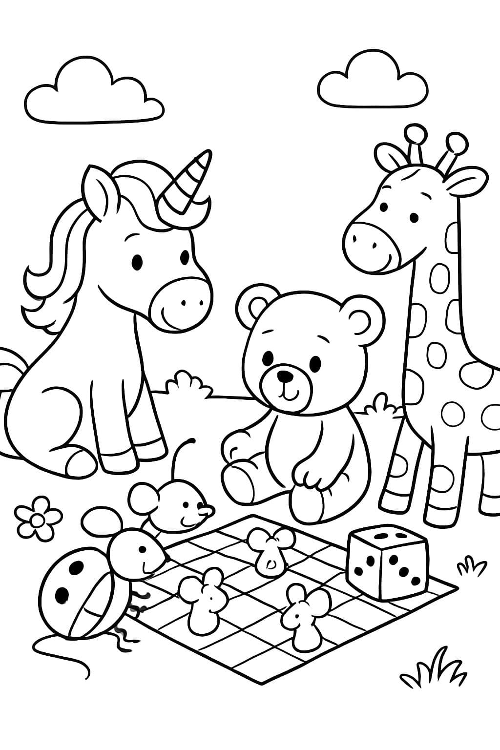 Un unicornio, un bicho, un oso de peluche y una jirafa están jugando un juego de dados con piezas que parecen ratones.
