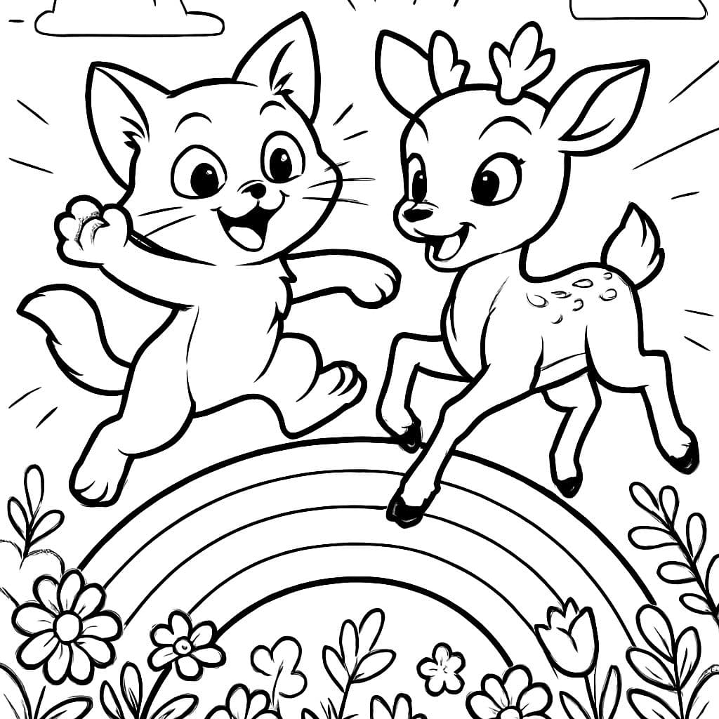 Gatito y ciervo bebé en un arcoíris en un jardín