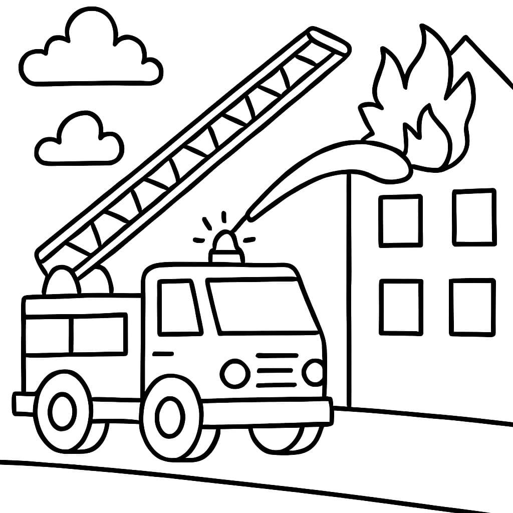 Un grand camion de pompier avec échelle qui combat un incendie.