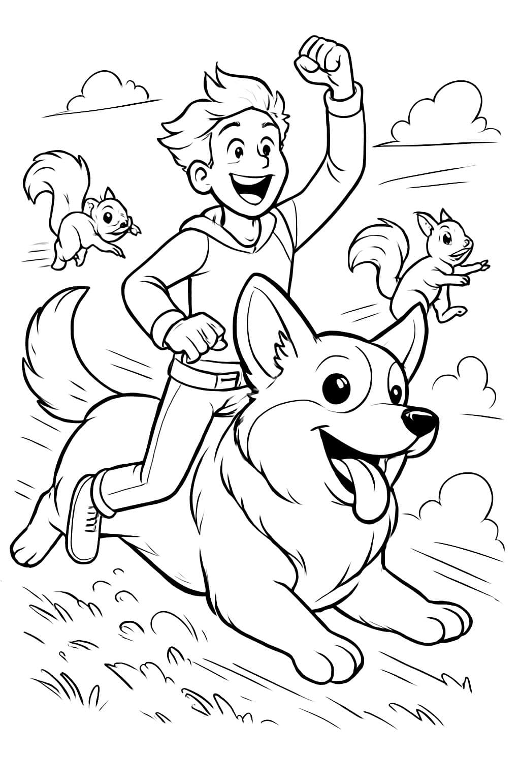 Ein Typ reitet auf einem Corgi, während Eichhörnchen hinterherjagen.