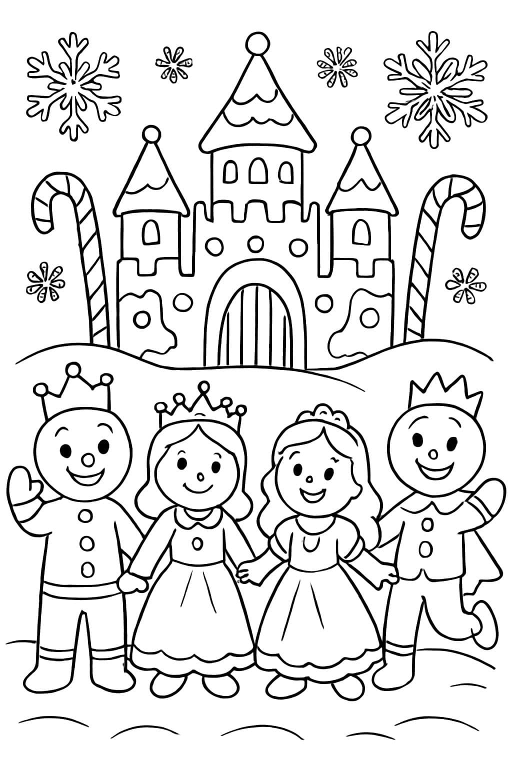 Un castillo de jengibre con una reina, un rey, una princesa y un príncipe de jengibre. Y decoraciones de bastón de caramelo y copos de nieve de glaseado.